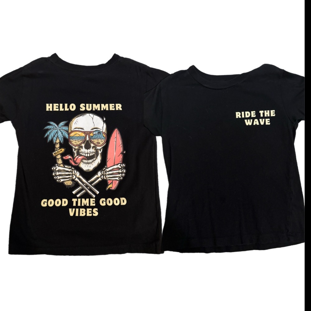 Black Kids T-Shirt with Skull and Surfboard Design